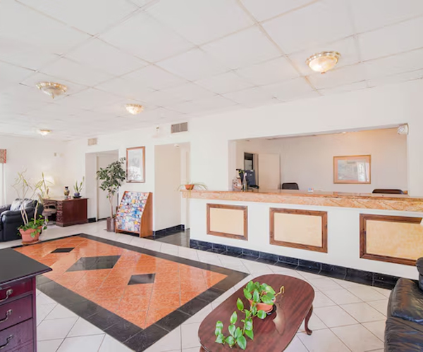 Hotel front desk and reception lobby
