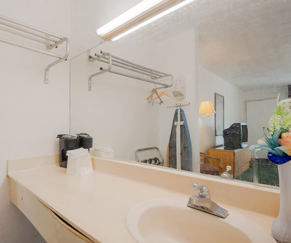 Hotel room vanity and amenities